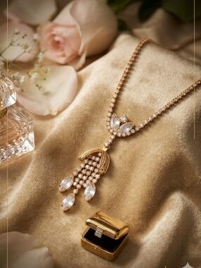 Elegant Rare !! Vintage Signature Gold and White Crystal Floral Drop Necklace